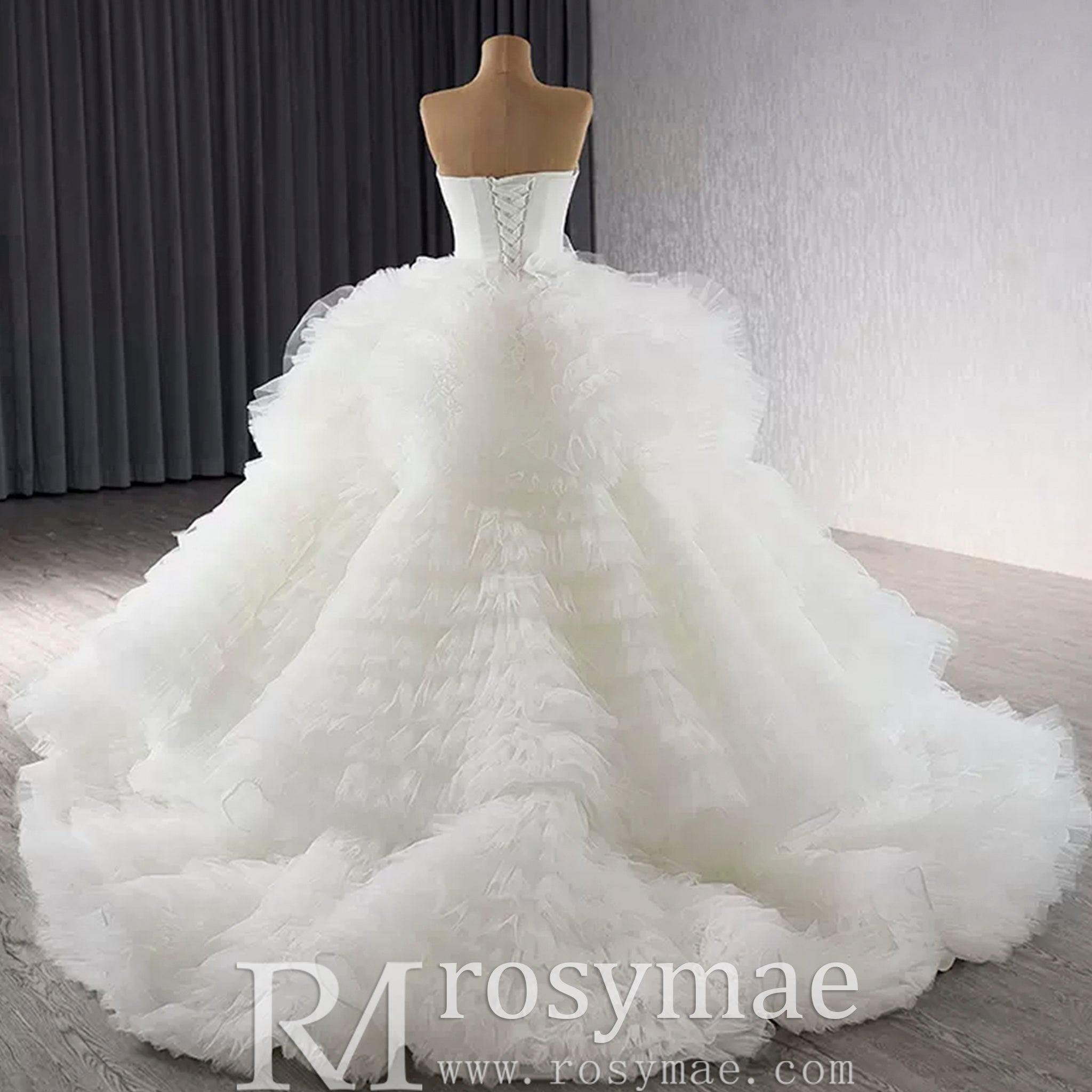Luxury Ruffled Overskirt Ball Gown Wedding Dress Strapless Bridal Gown - Rosymae