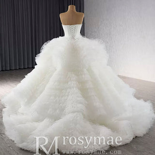 Luxury Ruffled Overskirt Ball Gown Wedding Dress Strapless Bridal Gown - Rosymae