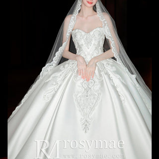 Luxury Satin Ball Gown Sweetheart Wedding Dress with Detachable Sleeve - Rosymae