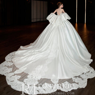 Luxury Satin Ball Gown Sweetheart Wedding Dress with Detachable Sleeve - Rosymae