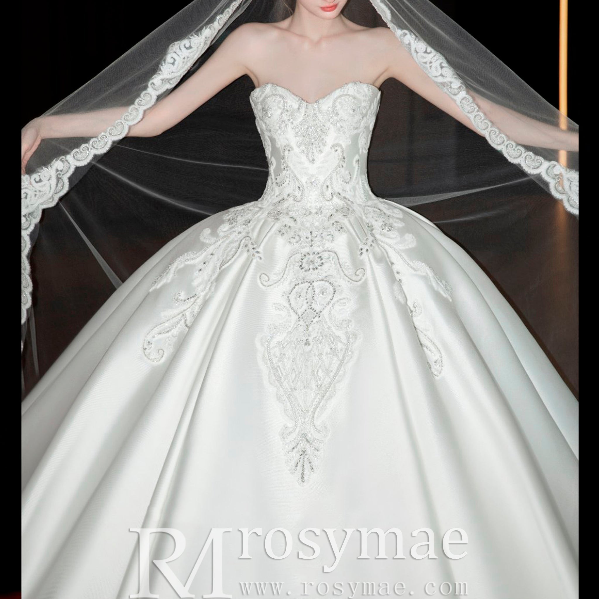 Luxury Satin Ball Gown Sweetheart Wedding Dress with Detachable Sleeve - Rosymae
