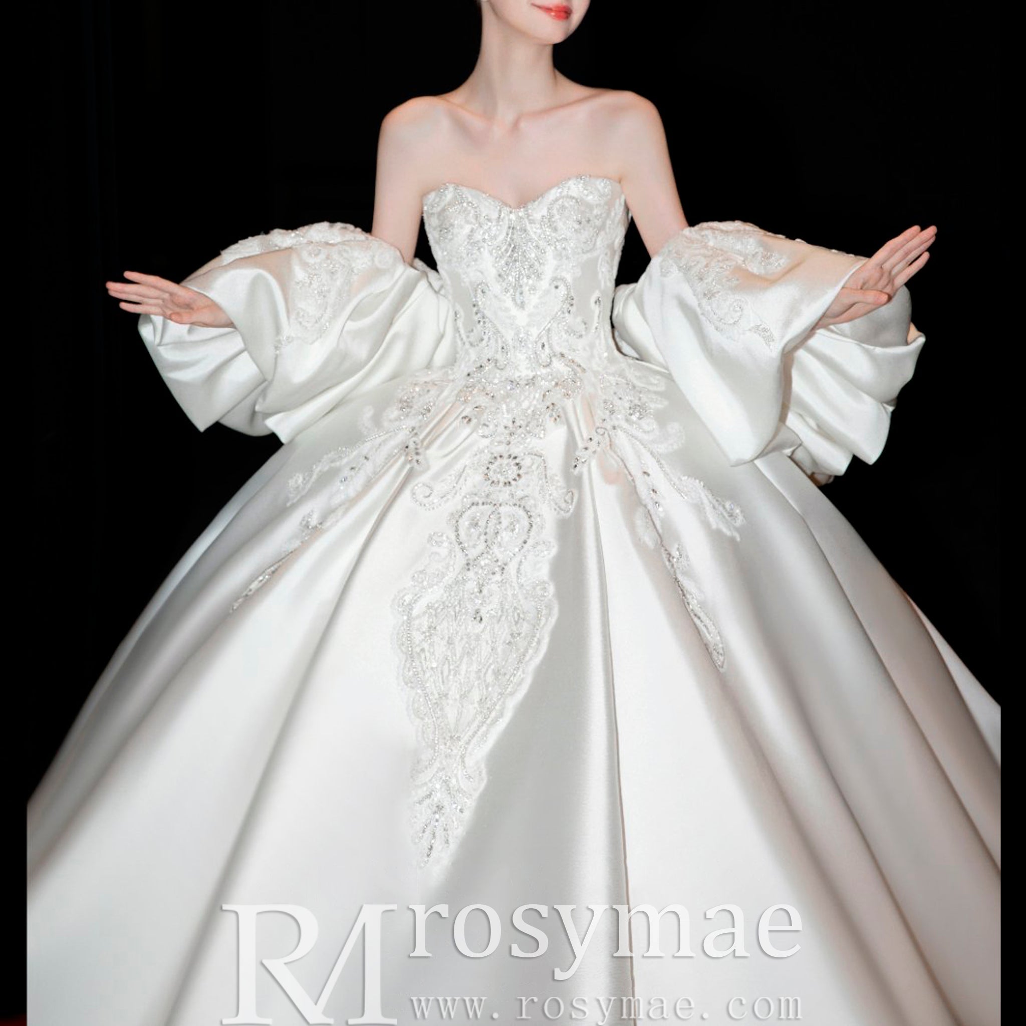 Luxury Satin Ball Gown Sweetheart Wedding Dress with Detachable Sleeve - Rosymae