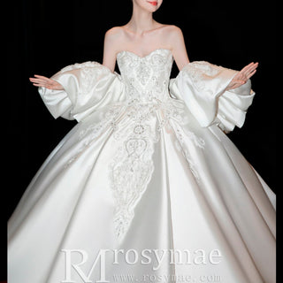 Luxury Satin Ball Gown Sweetheart Wedding Dress with Detachable Sleeve - Rosymae