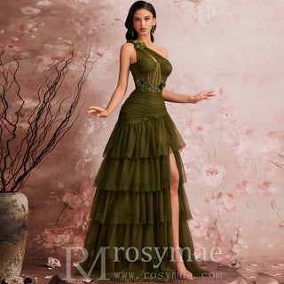 Luxury Skew-shouldered Cake Dress Luxury Sequin Slit Formal Evening Dress - Rosymae