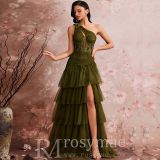 Luxury Skew-shouldered Cake Dress Luxury Sequin Slit Formal Evening Dress - Rosymae