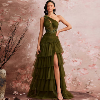 Luxury Skew-shouldered Cake Dress Luxury Sequin Slit Formal Evening Dress - Rosymae