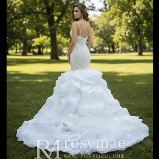 Luxury Spaghetti Straps Mermaid Wedding Dress with Ruffle Skirt - Rosymae