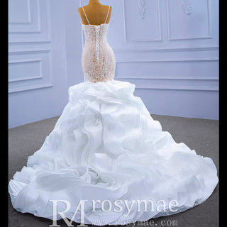 Luxury Spaghetti Straps Mermaid Wedding Dress with Ruffle Skirt - Rosymae