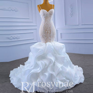 Luxury Spaghetti Straps Mermaid Wedding Dress with Ruffle Skirt - Rosymae