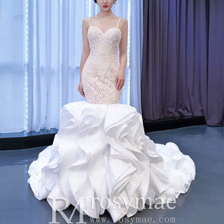Luxury Spaghetti Straps Mermaid Wedding Dress with Ruffle Skirt - Rosymae