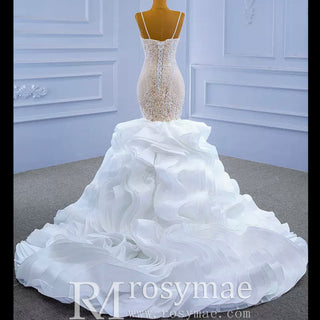 Luxury Spaghetti Straps Mermaid Wedding Dress with Ruffle Skirt - Rosymae