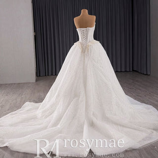 Luxury Sparkly A-line Wedding Dress with Detachable Train and Sleeves - Rosymae
