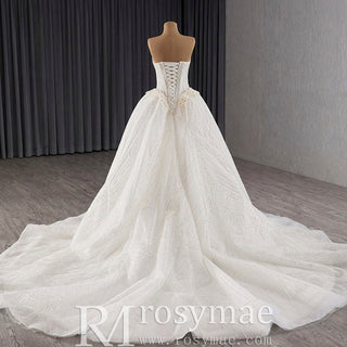 Luxury Sparkly A-line Wedding Dress with Detachable Train and Sleeves - Rosymae