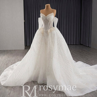 Luxury Sparkly A-line Wedding Dress with Detachable Train and Sleeves - Rosymae