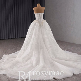 Luxury Sparkly A-line Wedding Dress with Detachable Train and Sleeves - Rosymae