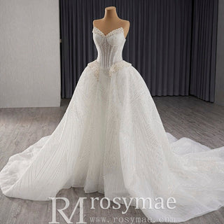 Luxury Sparkly A-line Wedding Dress with Detachable Train and Sleeves - Rosymae