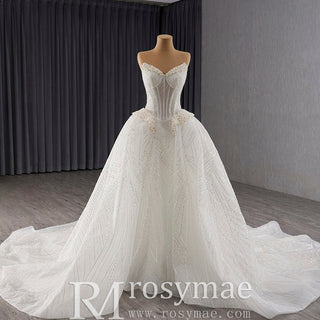 Luxury Sparkly A-line Wedding Dress with Detachable Train and Sleeves - Rosymae