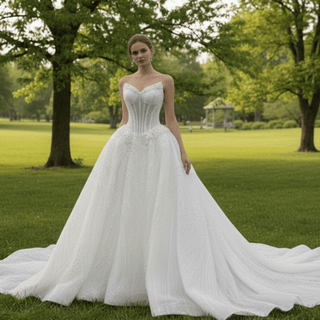 Luxury Sparkly A-line Wedding Dress with Detachable Train and Sleeves - Rosymae