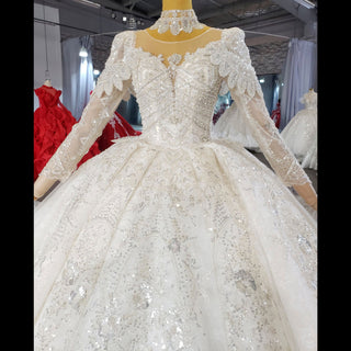 Luxury Sparkly Big Skirt Wedding Dress with Long Sleeve - Rosymae