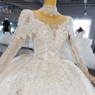 Luxury Sparkly Big Skirt Wedding Dress with Long Sleeve - Rosymae