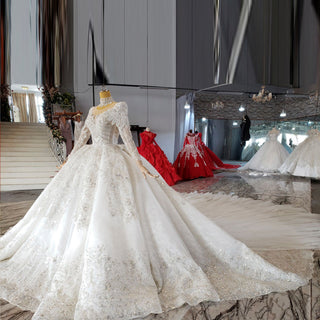 Luxury Sparkly Big Skirt Wedding Dress with Long Sleeve - Rosymae