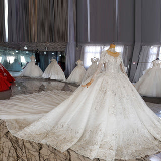 Luxury Sparkly Big Skirt Wedding Dress with Long Sleeve - Rosymae