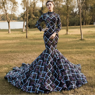 Multicolor Sequin Long Sleeve Prom Dresses Vintage Formal Gown