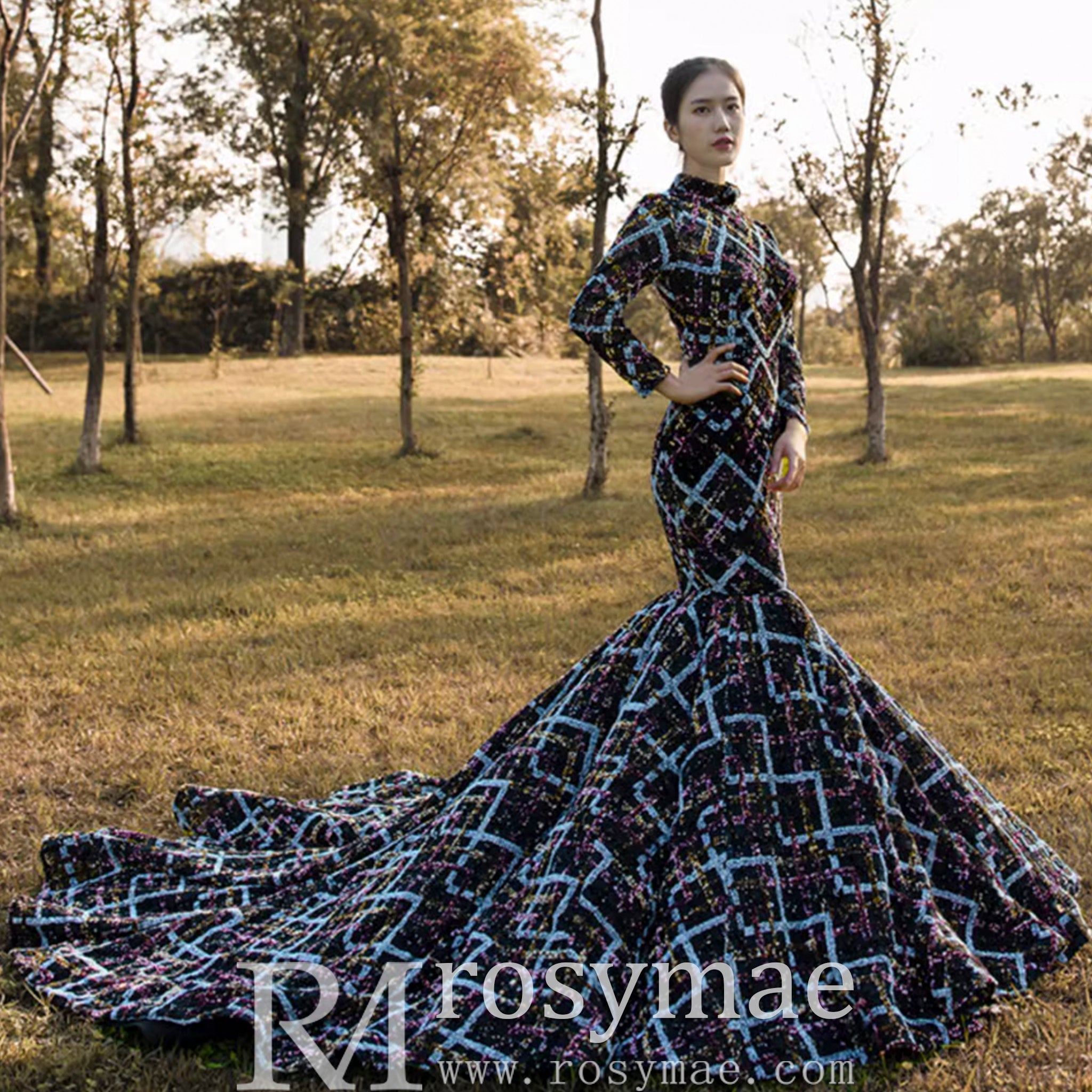 Multicolor Sequin Long Sleeve Prom Dresses Vintage Formal Gown Multicolor / 4 Multicolor Sequin Long Sleeve Prom Dresses Vintage Formal Gown Multicolor / 4