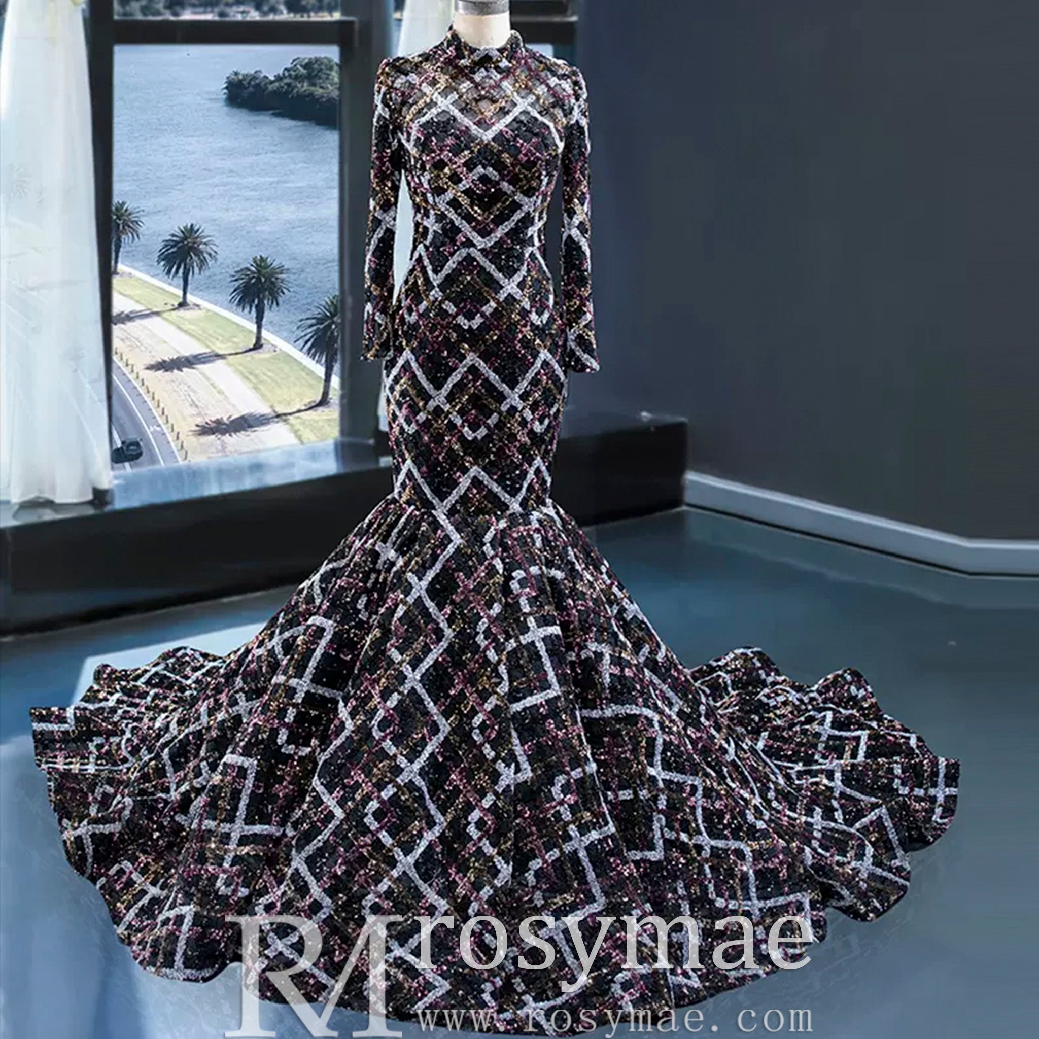 Multicolor Sequin Long Sleeve Prom Dresses Vintage Formal Gown Multicolor / 4 Multicolor Sequin Long Sleeve Prom Dresses Vintage Formal Gown Multicolor / 4