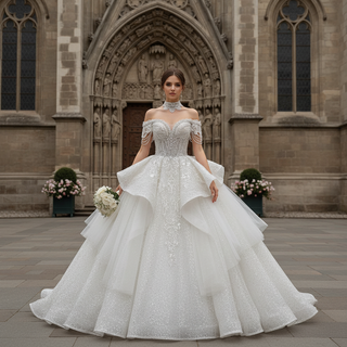 Luxury Princess Ruffle Ball Gown Glitter Wedding Dress with Short Sleeve