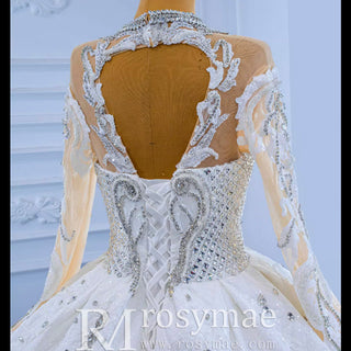 Luxury Sparkly Wedding Dress High Neck Modest Bridal Gown - Rosymae