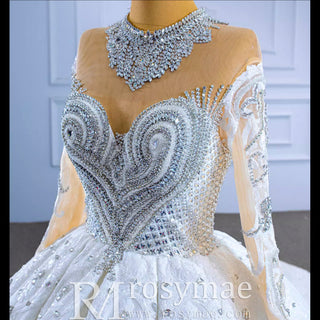 Luxury Sparkly Wedding Dress High Neck Modest Bridal Gown - Rosymae