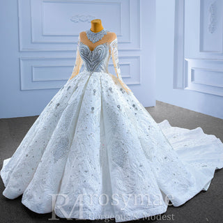 Luxury Sparkly Wedding Dress High Neck Modest Bridal Gown - Rosymae