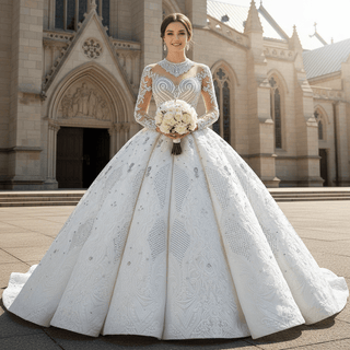 Luxury Sparkly Wedding Dress High Neck Modest Bridal Gown - Rosymae