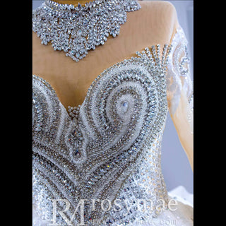 Luxury Sparkly Wedding Dress High Neck Modest Bridal Gown - Rosymae