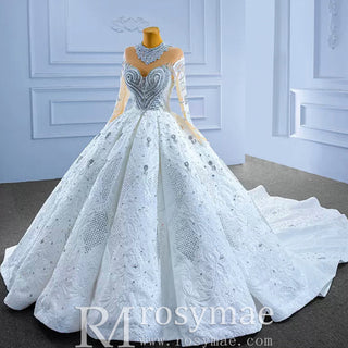 Luxury Sparkly Wedding Dress High Neck Modest Bridal Gown - Rosymae