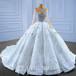 Luxury Sparkly Wedding Dress High Neck Modest Bridal Gown - Rosymae