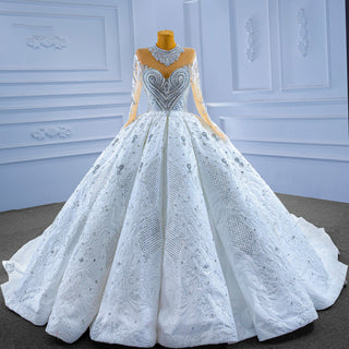 Luxury Sparkly Wedding Dress High Neck Modest Bridal Gown - Rosymae