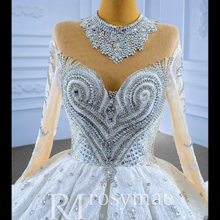 Luxury Sparkly Wedding Dress High Neck Modest Bridal Gown - Rosymae