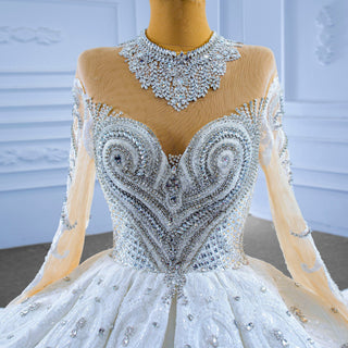 Luxury Sparkly Wedding Dress High Neck Modest Bridal Gown - Rosymae