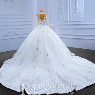 Luxury Sparkly Wedding Dress High Neck Modest Bridal Gown - Rosymae