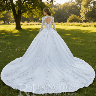 Luxury Sparkly Wedding Dress High Neck Modest Bridal Gown - Rosymae