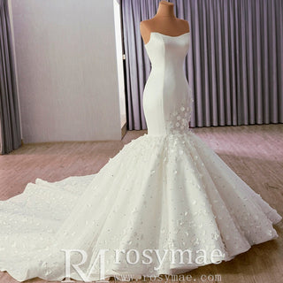 Luxury Strapless Bridal Gown Trumpet Wedding Dress with 3D Flower - Rosymae