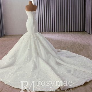 Luxury Strapless Bridal Gown Trumpet Wedding Dress with 3D Flower - Rosymae