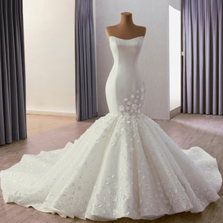 Luxury Strapless Bridal Gown Trumpet Wedding Dress with 3D Flower - Rosymae