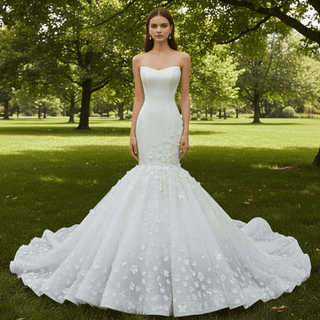 Luxury Strapless Bridal Gown Trumpet Wedding Dress with 3D Flower - Rosymae