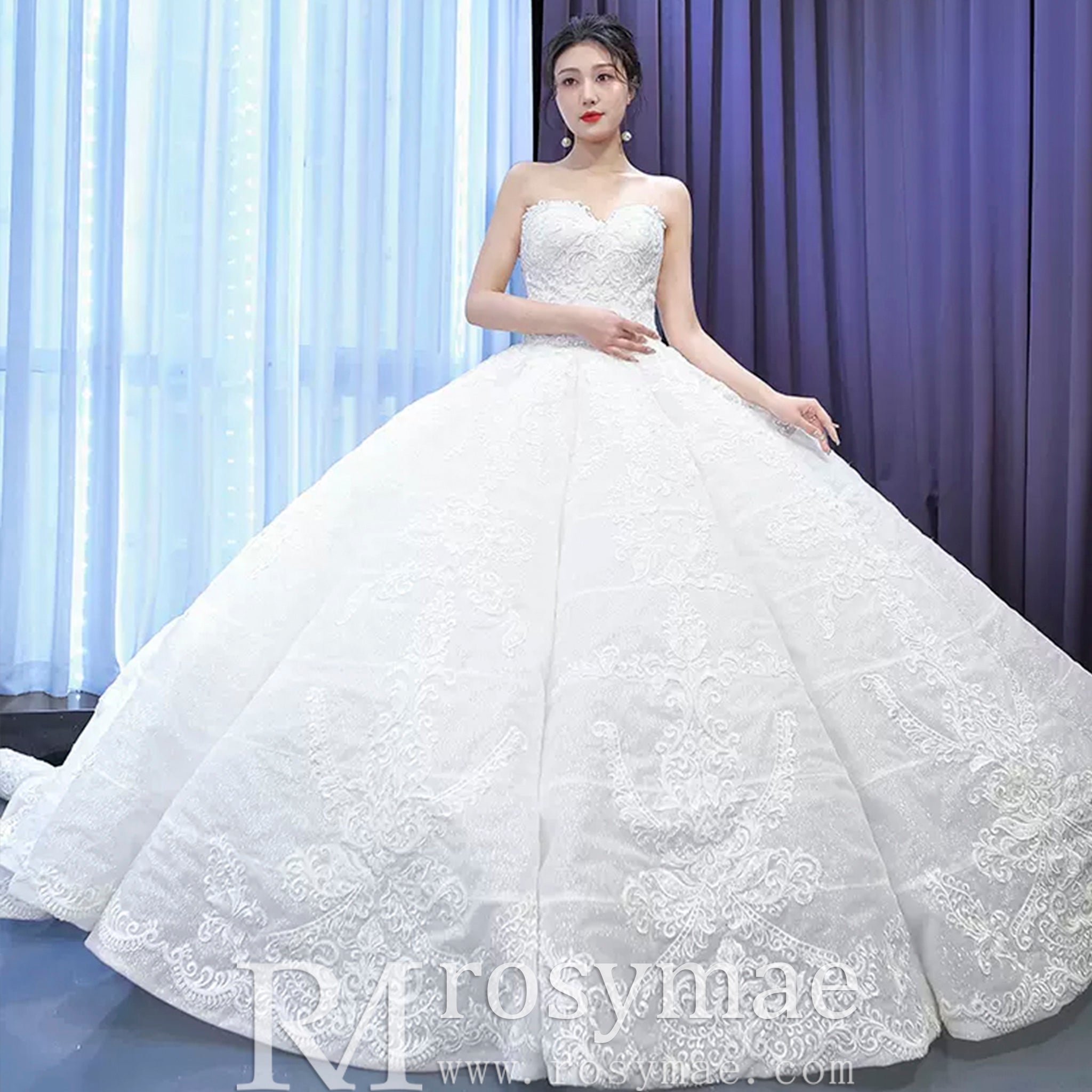 Luxury Strapless Sparkly Beaded Ball Gown Puffy Wedding Dress - Rosymae