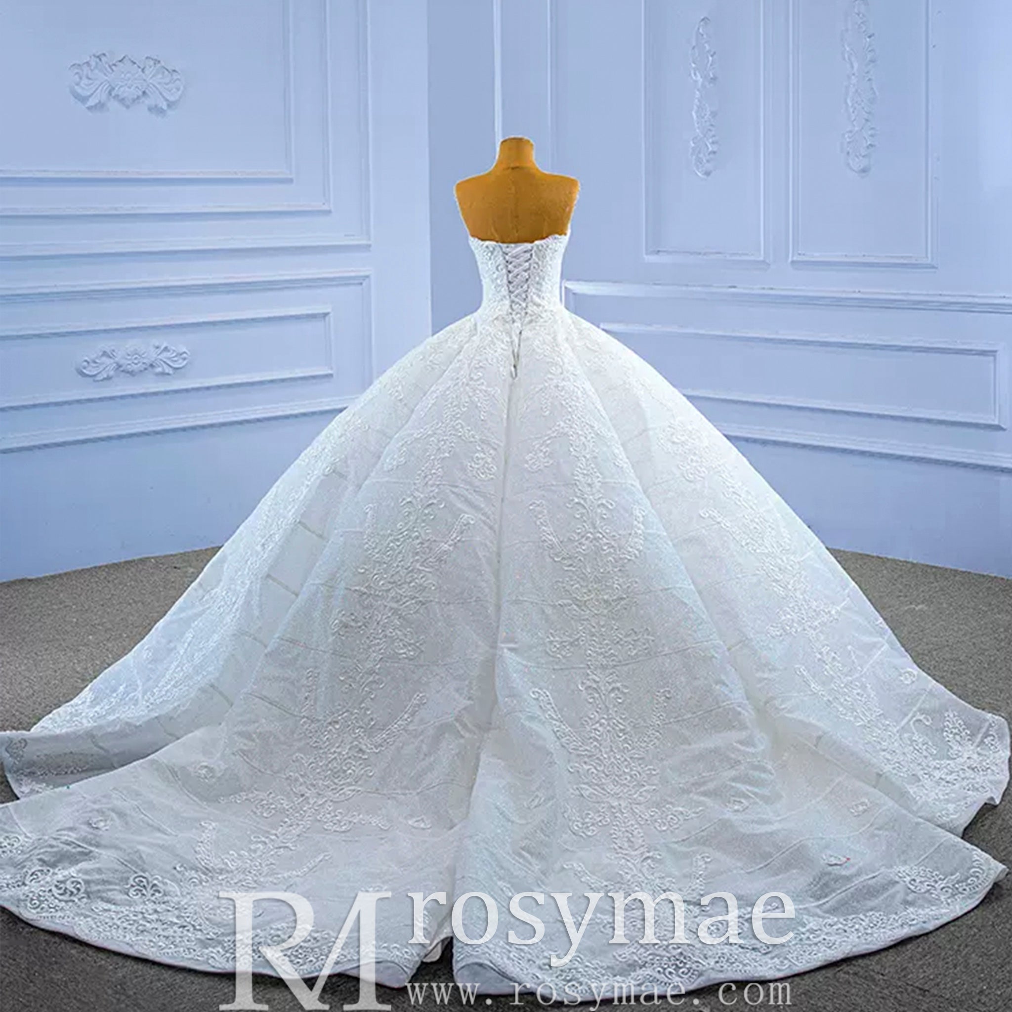 Luxury Strapless Sparkly Beaded Ball Gown Puffy Wedding Dress - Rosymae