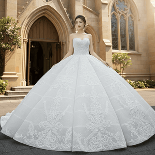 Luxury Strapless Sparkly Beaded Ball Gown Puffy Wedding Dress - Rosymae