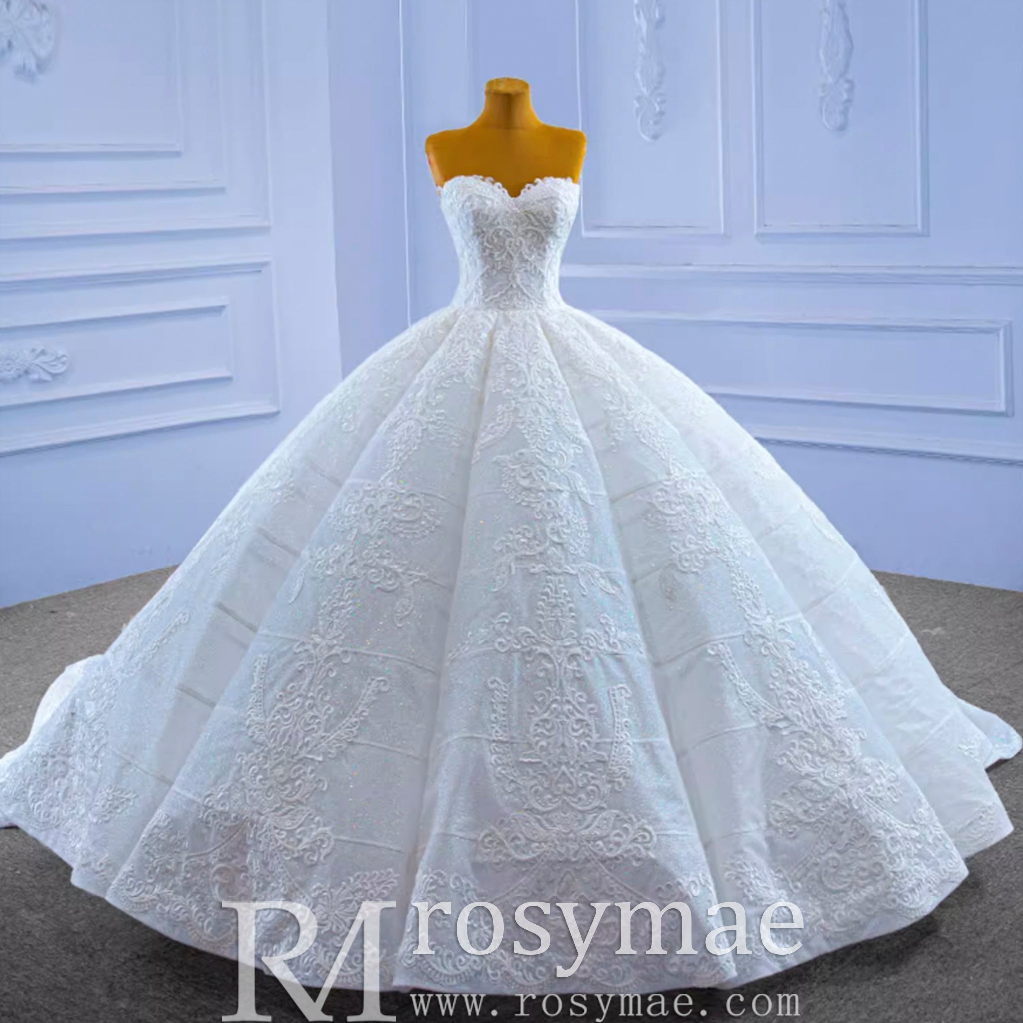 Luxury Strapless Sparkly Beaded Ball Gown Puffy Wedding Dress - Rosymae